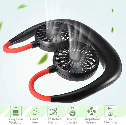 USB Rechargeable Neck Fan | Hands-Free Portable Double Fan | 360° Cooling For Summer | Power Bank Compatible