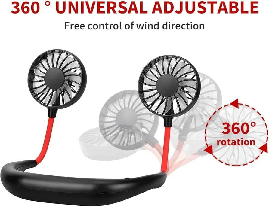 USB Rechargeable Neck Fan | Hands-Free Portable Double Fan | 360° Cooling For Summer | Power Bank Compatible