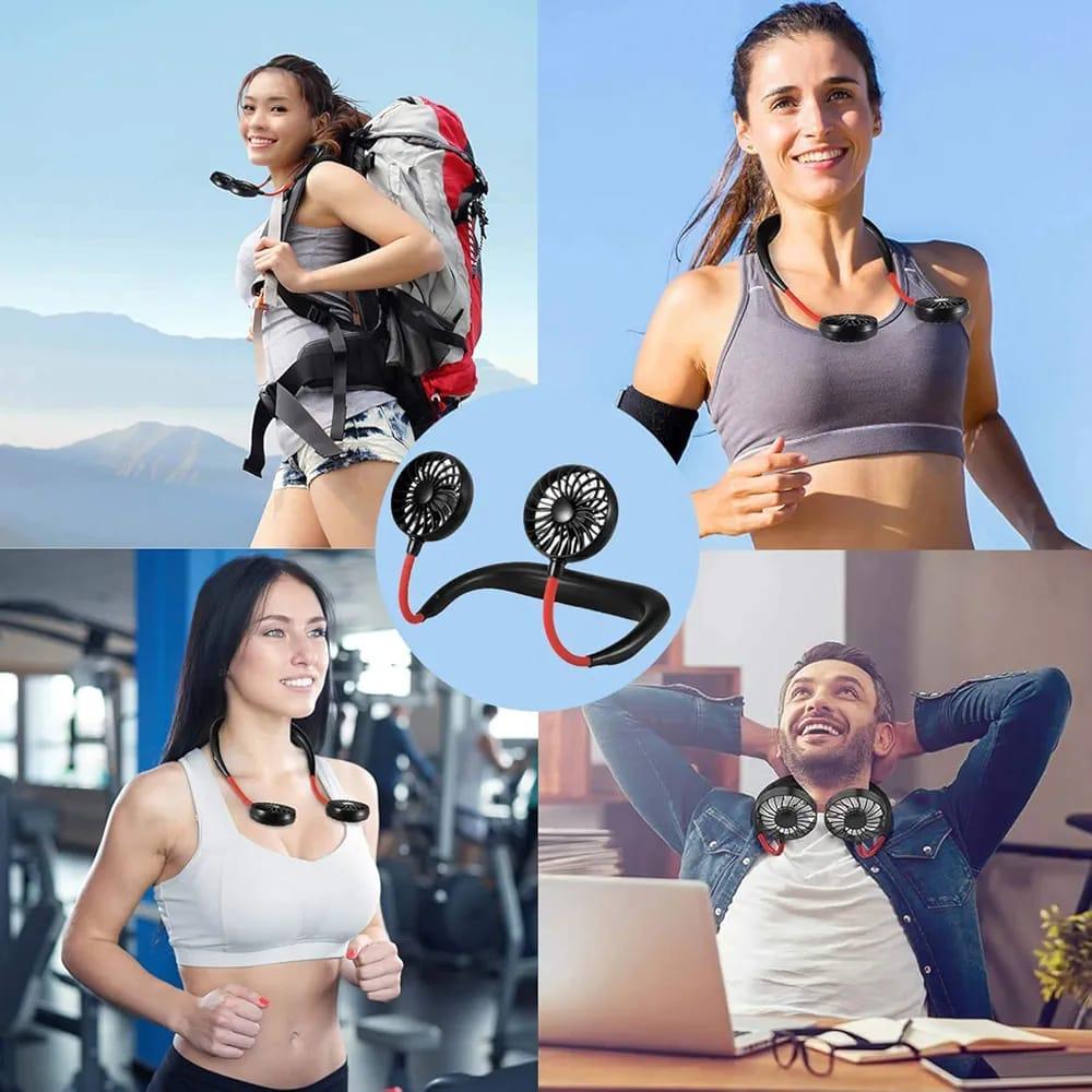 USB Rechargeable Neck Fan | Hands-Free Portable Double Fan | 360° Cooling For Summer | Power Bank Compatible