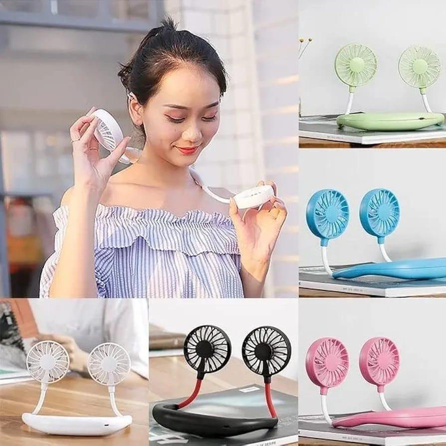 USB Rechargeable Neck Fan | Hands-Free Portable Double Fan | 360° Cooling For Summer | Power Bank Compatible