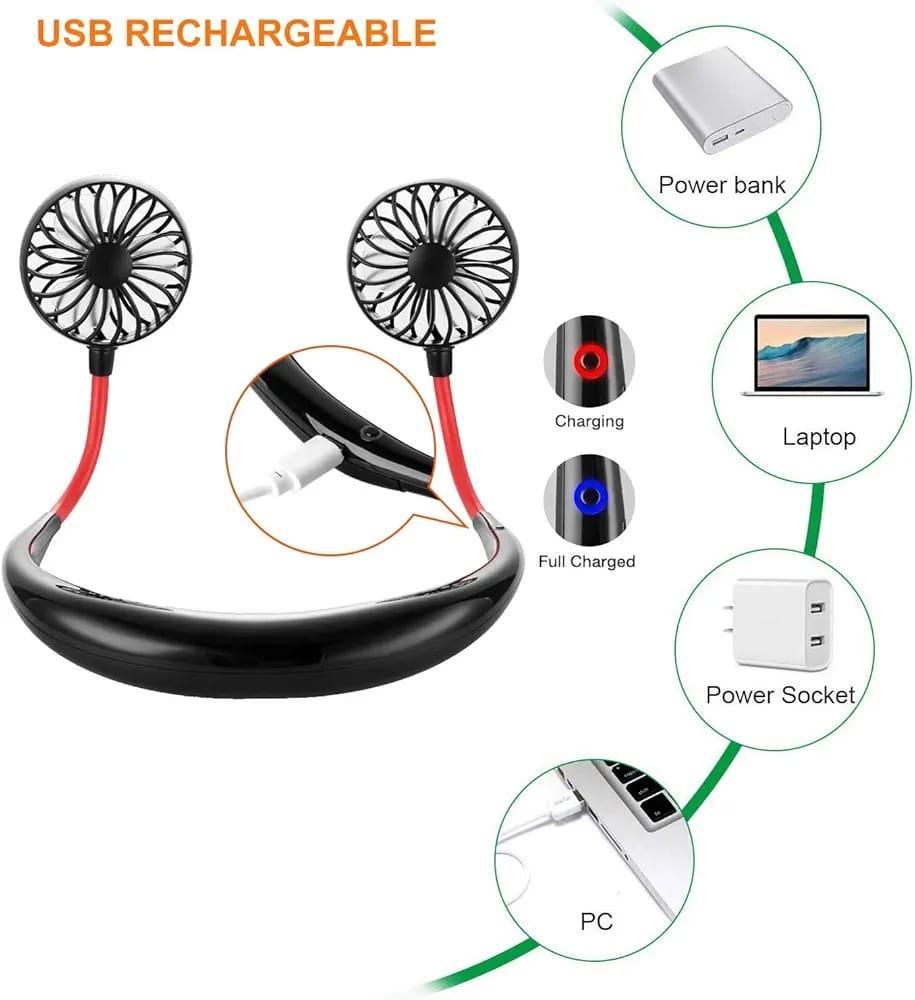 USB Rechargeable Neck Fan | Hands-Free Portable Double Fan | 360° Cooling For Summer | Power Bank Compatible