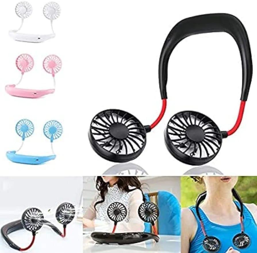 USB Rechargeable Neck Fan | Hands-Free Portable Double Fan | 360° Cooling For Summer | Power Bank Compatible
