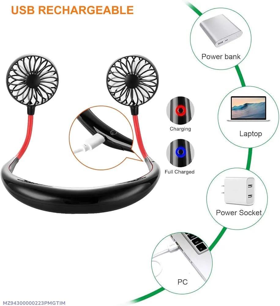 USB Rechargeable Neck Fan | Hands-Free Portable Double Fan | 360° Cooling For Summer | Power Bank Compatible