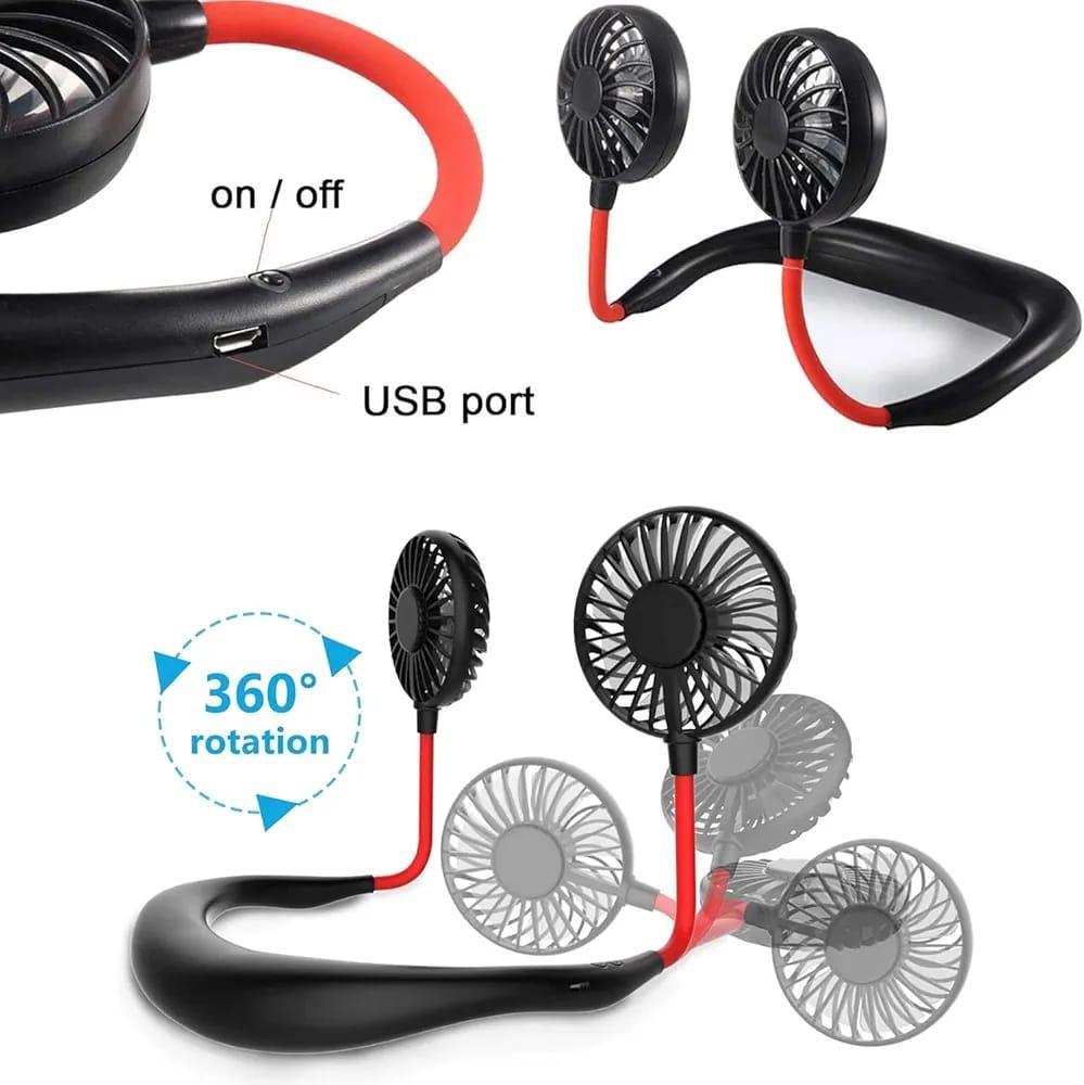 USB Rechargeable Neck Fan | Hands-Free Portable Double Fan | 360° Cooling For Summer | Power Bank Compatible