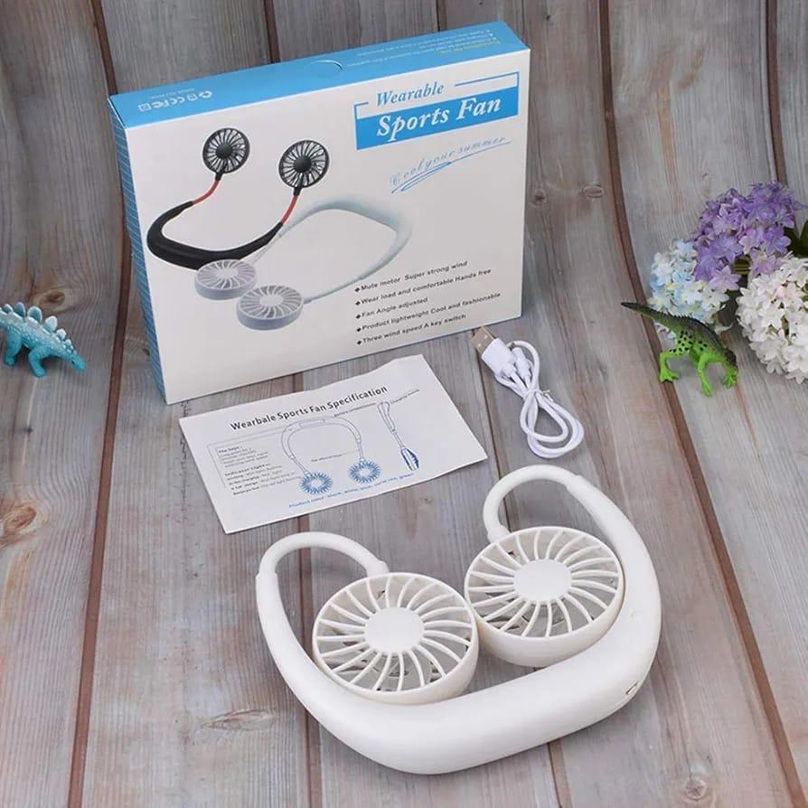 USB Rechargeable Neck Fan | Hands-Free Portable Double Fan | 360° Cooling For Summer | Power Bank Compatible
